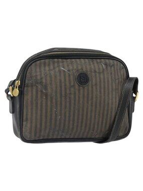 Authentic FENDI Pecan Canvas Shoulder Bag Coated Canvas Black Brown gold